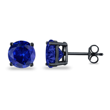 Butterfly Prong Round Casting Black Tone, Simulated Blue Sapphire CZ Stud Earrings 925 Sterling Silver